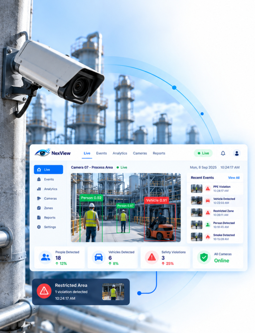 NexView AI video intelligence and safety monitoring in an industrial facility